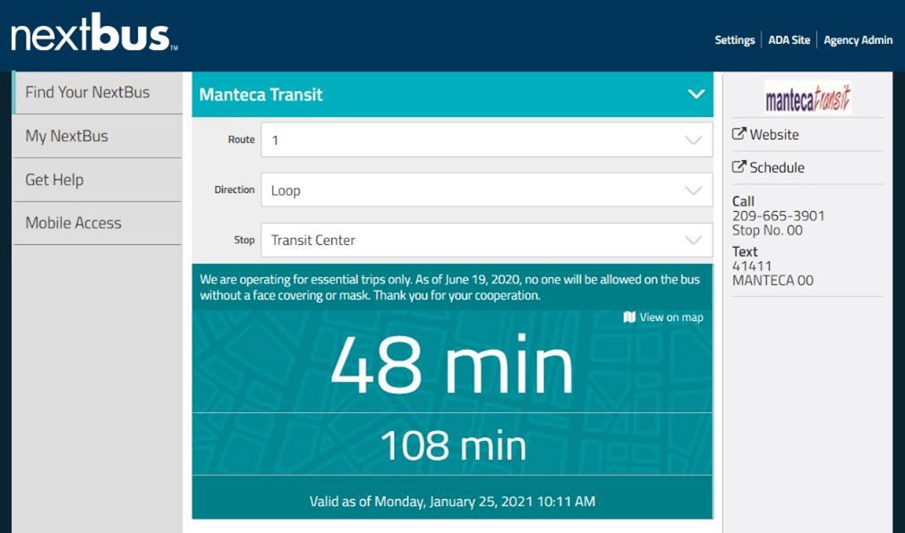 Screen shot of the Manteca Transit’s NextBus App