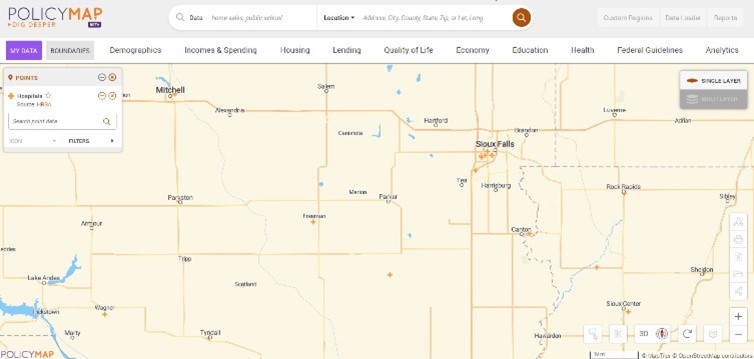 screen shot of Policy Map Interface Showing Hospital Locations