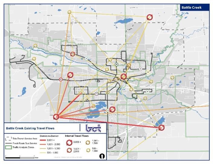 Shot showing Travel Flows in Battle Creek, MI from a Regional Travel Demand Model