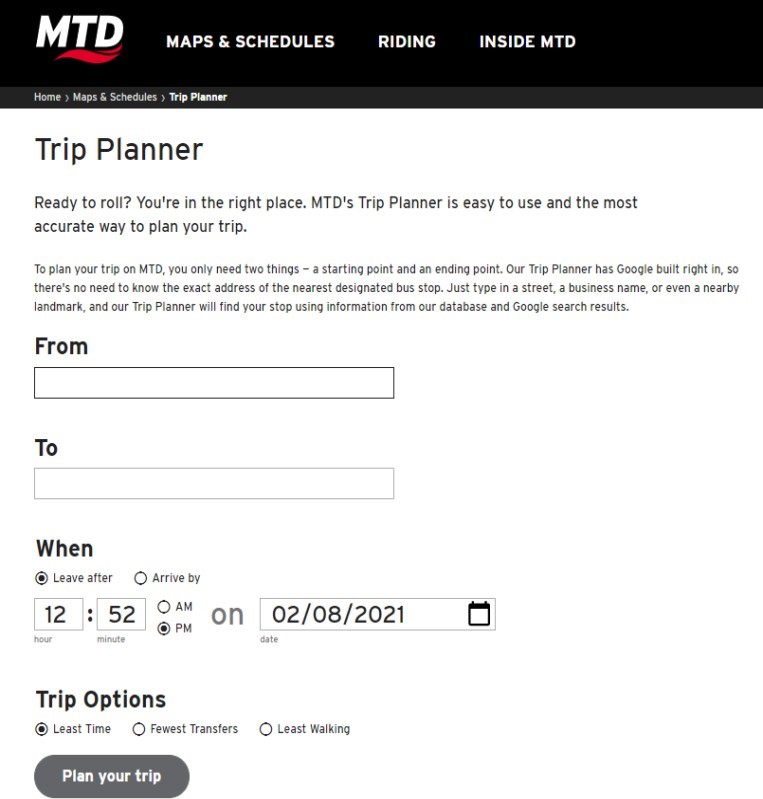 show showing Champaign-Urbana Mass Transit District (MTD) Trip Planner.