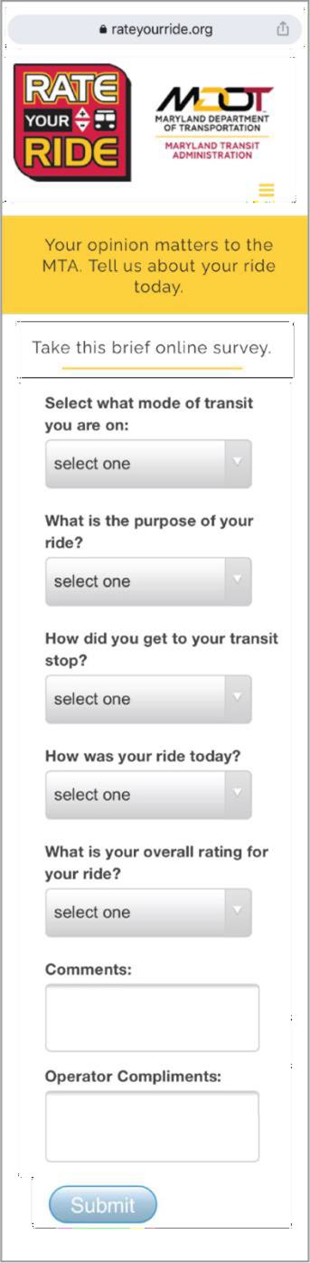 Sample shot of MTA Maryland Rate My Ride Customer Service Feedback Interface