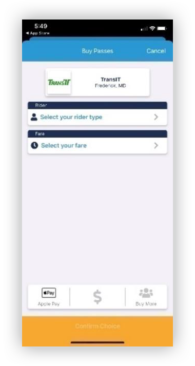 Screen shot of the TransIT Mobile Fare Payment App