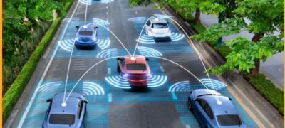 Image of cars driving along a three-lane road with connectivity indicators bouncing among them