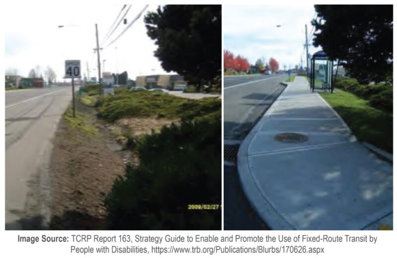 Before/after photographs of a bus stop that previously was inaccessible but now has an accessible sidewalk to reach it