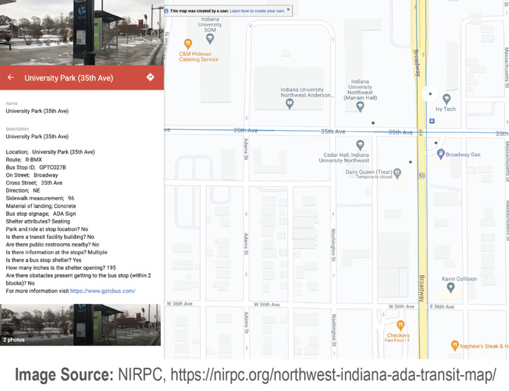 Screenshot of stop accessibility information provided on NIRPC trip planner