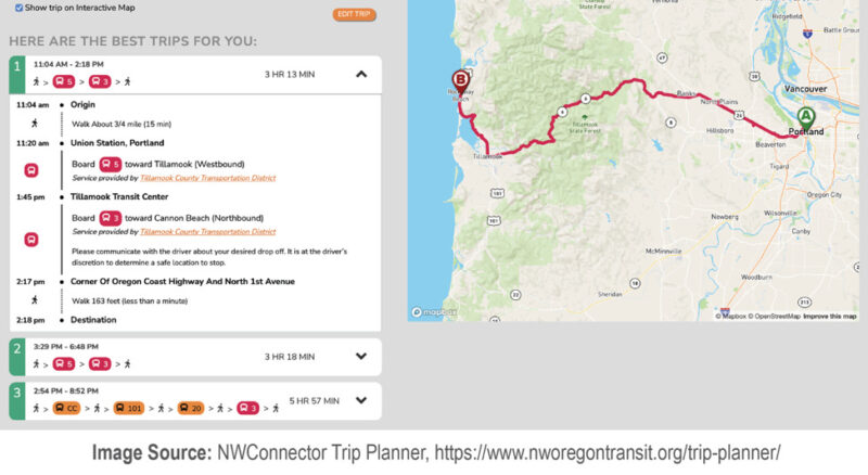 Example of a trip from Portland to the coast in the trip planner