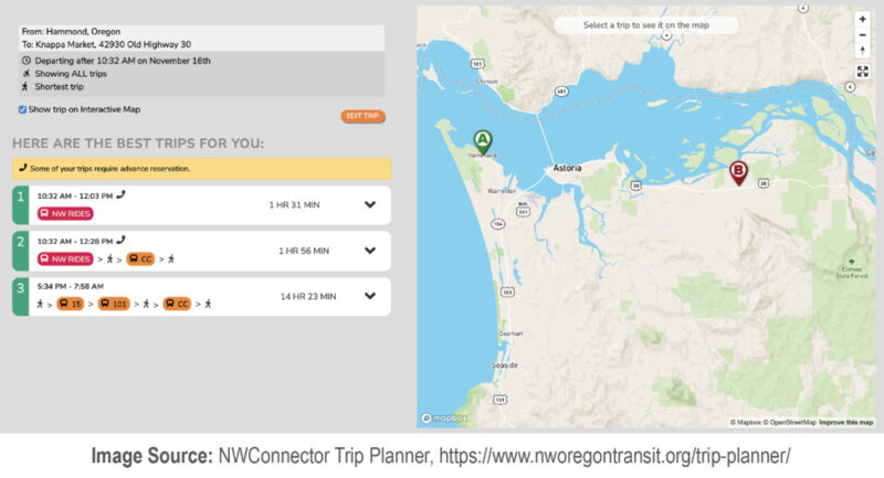 Screenshot of trip planner showing trip options for an origin and destination