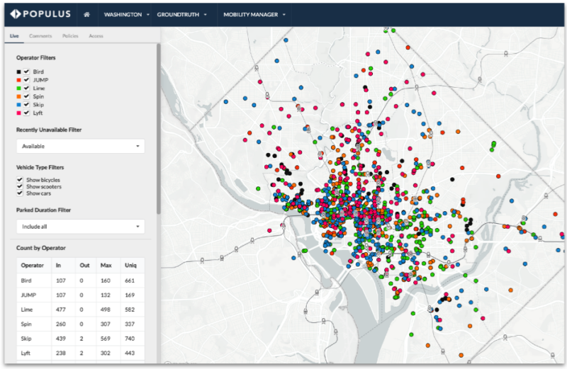 Screenshot from Populus micromobility management platform desktop view of Washington, D.C. micromobility devices