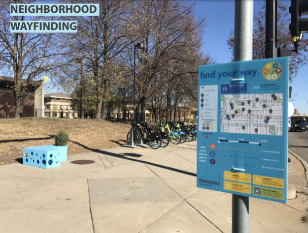 Picture of a mobility hub in Minneapolis where a sign explains the mobility amenities available in the area