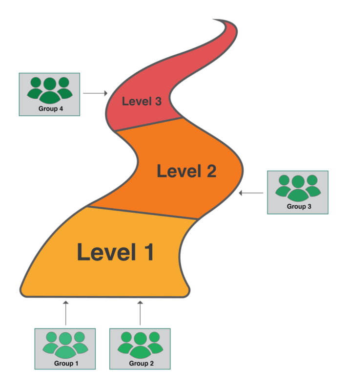 Graphic showing the four groups of recruits along different levels of a targeted pathway for communication