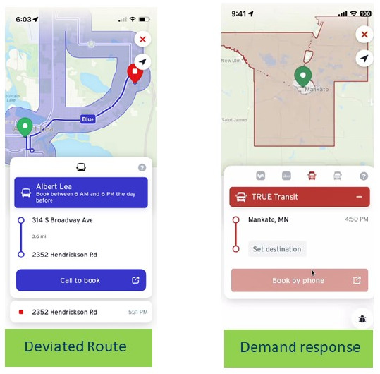 Two screenshots of the Transit App that show examples of what deviated-route and demand-response trips would look like for the program