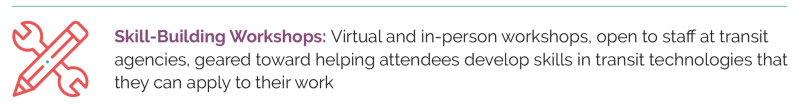 Skill-Building Workshops: Virtual and in-person workshops, open to staff at transit agencies, geared toward helping attendees develop skills in transit technologies that they can apply to their work