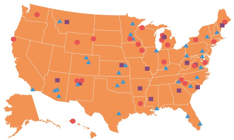 Map of the US with symbols marking N-CATT activities